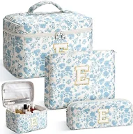 3 Pcs Quilted Makeup Bag Set, Initial Cosmetic Bag with Chenille Letter Patches, Cute Floral Cotton Coquette Aesthetic Pouch, Personalized Gifts for Women Girls, Large Travel Toiletry Organizer E