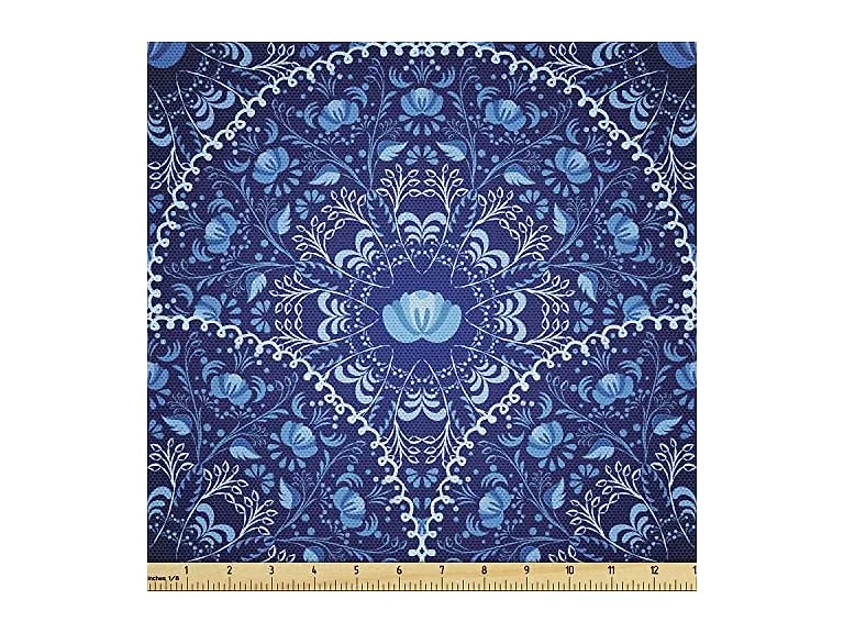 Ambesonne Blue Fabric by The Yard, Circular and Floral