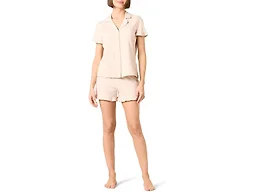 Amazon Essentials Women's Cotton Modal Piped Notch Collar Ruffle Pajama Short Set (Available in Plus Size), Beige, Medium