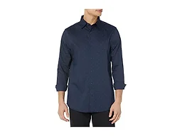 Amazon Essentials Men's Regular Fit Long Sleeve Wrinkle Resistant Stretch Dress Shirt, Navy Geo Print, Large
