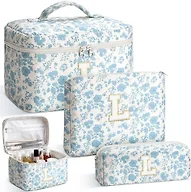 Yestar 3PCS Personalized Initial Makeup Bag for Women, Birthday Gifts for Girl, Travel Toiletry Bag MakeupBag Quilted Cosmetic Bag Floral Cotton Make up Bags for Girls and Women Christmas Gift L