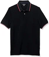 Amazon Essentials Men's Short Sleeve Slim-Fit Cotton Pique Polo Shirt, Breathable Collared, Black Thin Stripe, Small