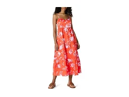 Amazon Essentials Women's Fit and Flare Empire Waist Sweetheart Neck Cotton Sateen Tiered Maxi Dress, Orange Pastel Lilac Roses Large, XX-Large