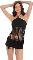 Steve Madden Womens High Neck Fringe Swim Top, Black, Large