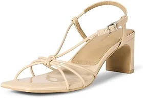 Amazon Essentials Women's Strappy Block Heel Sandals with Ankle Strap, Beige Patent, 7.5