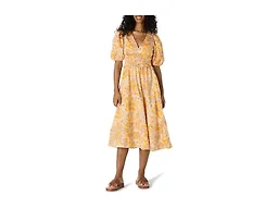 Amazon Essentials Women's Regular-Fit Cotton Sateen Puff Sleeve Midi Dress, Golden Yellow Beige Folk Floral Multi, X-Large