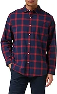 Amazon Essentials Men's Long-Sleeve Regular-Fit Stretch Poplin Shirt Shirt, -Navy/Red, Buffalo Plaid, X-Small