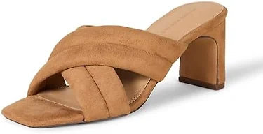 Amazon Essentials Women's Crossover Block Heeled Mules Sandal with Padded Straps and Memory Foam Insole, Tan Faux Microsuede, 6