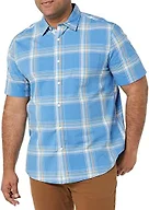 Amazon Essentials Men's Short-Sleeve Regular-Fit Stretch Poplin Shirt Shirt, -Light Blue/Indigo, Plaid, Large