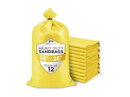 Heavy Duty Sand Bags Pack of 12, Bright Yellow Empty Sandbags with Built-In Ties, Woven Polypropylene UV Protection 1600 Hours, Fillable Bags for Flood Control, Weight, 14x26 inches, 50 Pounds Volume