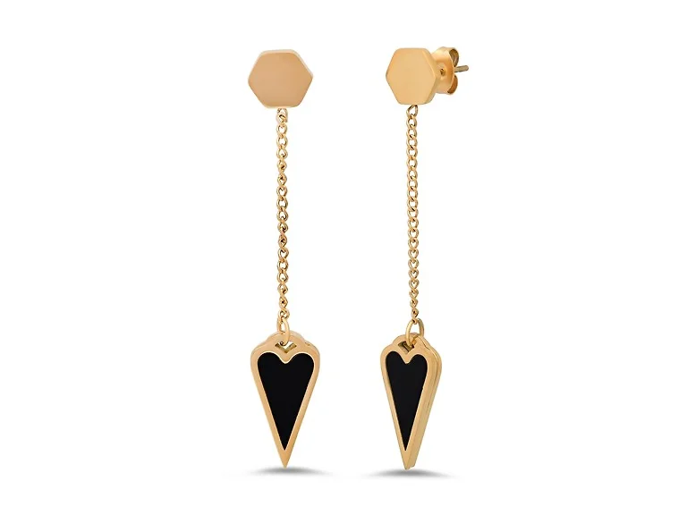 18K Gold Black Heart Drop Earrings