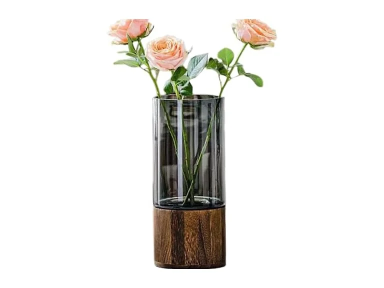 Smoky Gray Glass Vase with Wooden Base