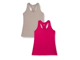Amazon Essentials Women's Active Quick Dry Tech Stretch Racerback Scoop Neck Tank Top, Pack of 2, Beige/Hot Pink, X-Small