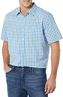 Amazon Essentials Men's Short Sleeve Button Down Shirt, Stretch Cotton, Blue Peach Plaid, Available in Big & Tall, Light Blue/White, Gingham, 5X-Large Big