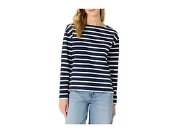 Amazon Essentials Women's 100% Cotton Heavyweight Relaxed-Fit Long-Sleeve Boatneck Top, Navy Eggshell White Mariner Stripe, Large
