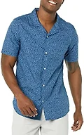 Amazon Essentials Men's Vacation Cotton Button-Down Short Sleeve Resort Shirt, Navy Palm Leaf Print, Medium