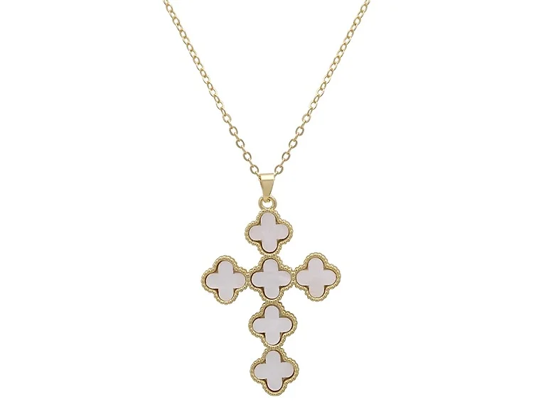 Gold Plated White Clover Cross Pendant