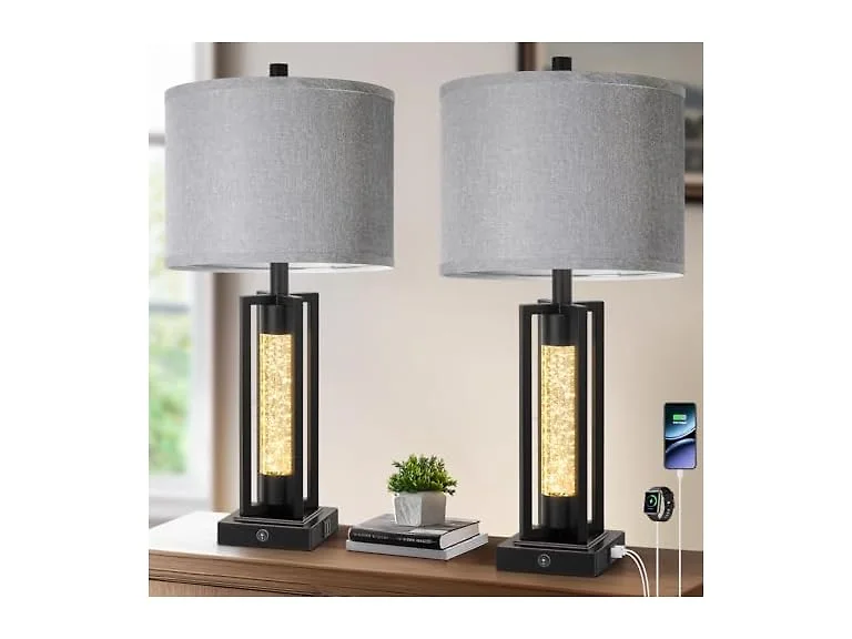 26’’ Farmhouse Table Lamps with Crystal Night Light Set of 2 Black