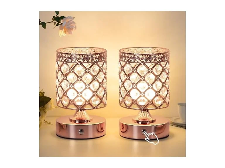 TOBUSA  Rose Gold Small Crystal Cordless Table Lamps Set 2