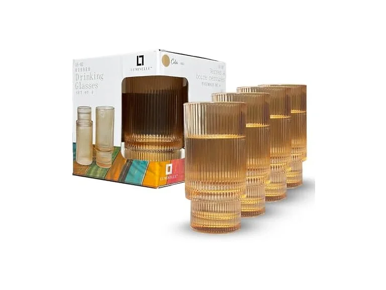 LUMINELLE Ribbed Drinking Glasses -15 oz Glass Set Of 4