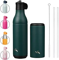 Konokyo 13 oz Stainless Steel Water Bottle with Straw, Insulated, Reusable Metal Travel Bottle with Bottom Removable Cup, BPA Free, Leak Proof, Green