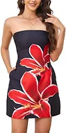 Womens Strapless Floral Mini Dress with Pockets Tube Hawaiian Short Dresses