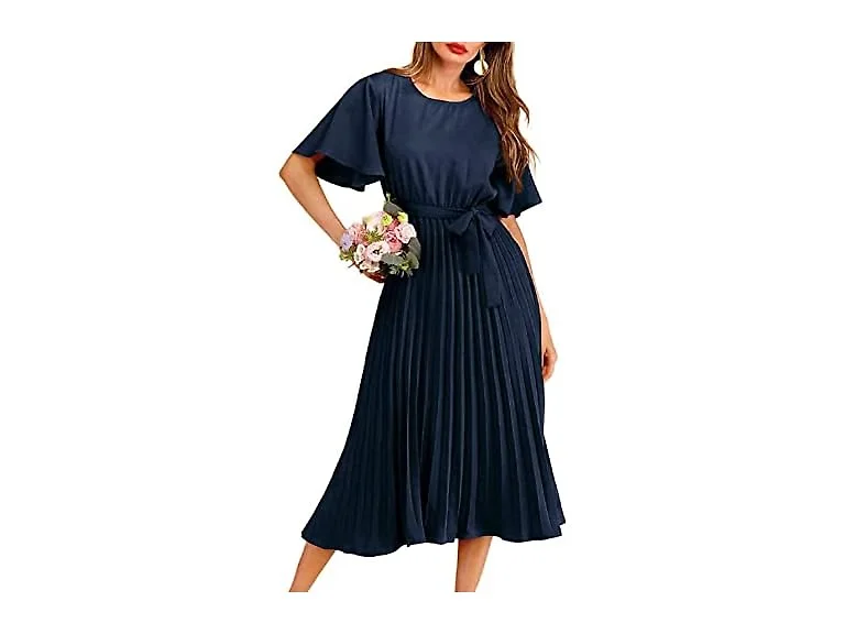 Milumia Women (M) Elegant Belted Pleated Dress