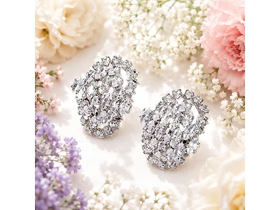 S/S Silver Tone Oval Cluster Cubic Zirconia Stud Earrings