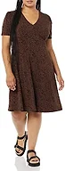 Amazon Essentials Women's Short Sleeve V-Neck Gathered Flattering Fit and Flare Dress, Dark Toffee Brown, Animal, Medium