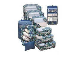 OlarHike Packing Cubes for Travel,Gifts for Women Mom,Anti-Tearing Suitcase Organizer for Luggage with Shoe & Hanging Toiletry Bag,Vacation Essentials & for Cruise Ship,10 Set,Dark Blue Floral