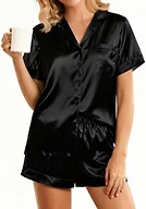 Girece Women's Satin Pajama Set Short Sleeve with Shorts,Black, S