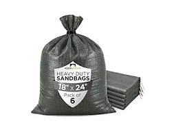 Heavy Duty Sand Bags Pack of 6, Army Green Empty Sandbags with Built-In Ties, Woven Polypropylene UV Protection 1600 Hours, Fillable Bags for Flood Control, Weight, 18x24 inches, 60 Pounds Volume