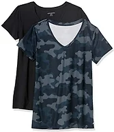 Amazon Essentials Women's Active Quick Dry Tech Stretch Short-Sleeve V-Neck T-Shirt (Available in Plus Size), Pack of 2, Black/Navy Camo, Large