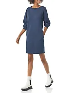 Amazon Essentials Women's Relaxed Fit Fleece Blouson Sleeve Boatneck Sweatshirt Dress (Available in Plus Size), Navy, Medium