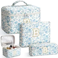 Yestar 3PCS Personalized Initial Makeup Bag for Women, Birthday Gifts for Girl, Travel Toiletry Bag MakeupBag Quilted Cosmetic Bag Floral Cotton Make up Bags for Girls and Women Christmas Gift B