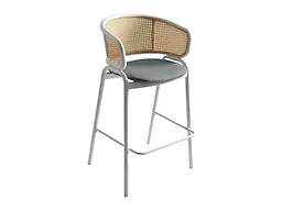 LeisureMod Ervilla Wicker Bar Stool with Fabric Seat and White Steel Frame - Grey leather