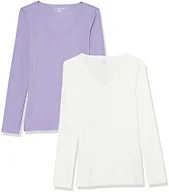 Amazon Essentials Women's Slim-Fit Long Sleeve V-Neck Knit Rib Shirts (Available in Plus Size), Pack of 2, White/Purple, Medium