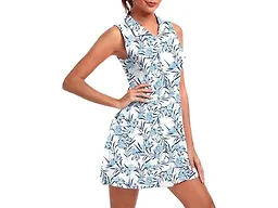 FKEEP Women's Golf Tennis Dress Athletic Workout Dress with Shorts and Pockets (Blue Flower, L)