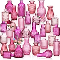 Anquephd 32 PCS Assorted Vintage Bud Vases, Colorful Glass Small Vases Bulk, for Centerpieces, Wedding Table Decor, Home Decorations & Gifts (Pink Seiris)