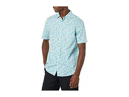 Amazon Essentials Men's Short Sleeve Button Down Shirt, Stretch Cotton, Blue Peach Plaid, Available in Big & Tall, Aqua, Pelican Print, Small