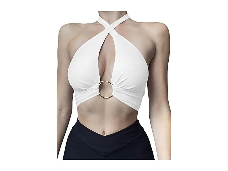 Mizoci Women (S) Sexy Halter Criss Cross Ring Top