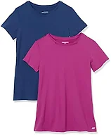 Amazon Essentials Women's Active Quick Dry Tech Stretch Short-Sleeve T-Shirt, V-Neck or Crewneck, Moisture-Wicking, Pack of 2, Blue/Orchid Purple, X-Small