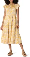 Amazon Essentials Women's Relaxed-Fit Cotton Sateen Crewneck Tiered Midi Dress with Flutter Sleeves, Back Button Closure, Golden Yellow Beige Folk Floral Multi, Small