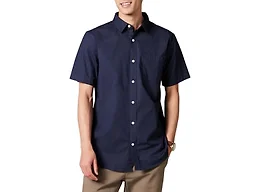 Amazon Essentials Men's Short Sleeve Button Down Shirt, Stretch Cotton, Blue Peach Plaid, Available in Big & Tall, Navy, Small
