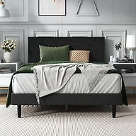 IOILORI Full Size Bed Frame Platform with Velvet Upholstered Headboard, Geometric, Sturdy Frame and Wooden Slats, Noiseless, No Box Spring Required, Easy to Assemble,Black
