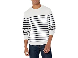 Amazon Essentials Men's Cable Knit Long-Sleeve Crewneck Sweater, 100% Cotton, Big & Tall Options Available, Navy White Placed Stripe, Medium