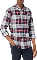 Amazon Essentials Men's Regular Fit Long-Sleeve Flannel Shirt, Soft Brushed Cotton, Lightweight yet Warm, Burgundy Grey Plaid, X-Small