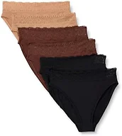 Amazon Essentials Women's Lace Trim Peached Microfiber High Waisted High Leg Panty, Pack of 6, Black / Washed Bronze / Rich Hazel, Medium