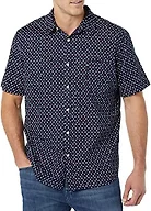 Amazon Essentials Men's Short Sleeve Button Down Shirt, Stretch Cotton, Blue Peach Plaid, Available in Big & Tall, Navy, Micro Rose Print, Small