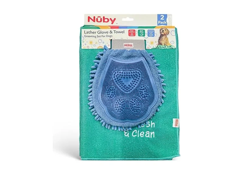 Nuby Pet Grooming Glove with Silicone Bristles & Quick-Dry Towel